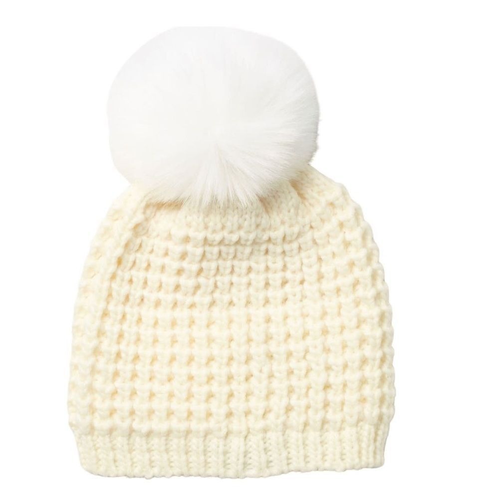 KYI‎ KYI Faux Fur Pompom Classic Wool Beanie Hat, Ivory, One Size, NWT
